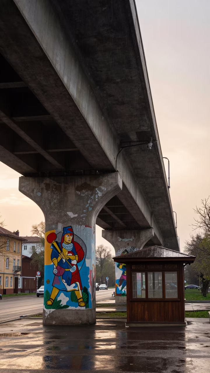 Peeling Murals Under Overpass in Veliko Tarnovo in by a rain-darkened kiosk in Veliko Tarnovo