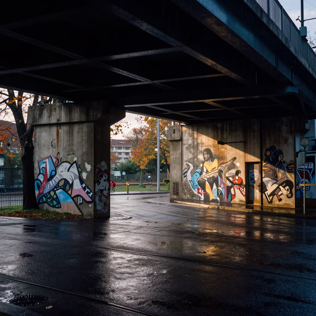 Peeling Murals Under Colina Tram Overpass in at a tram stop in Colina
