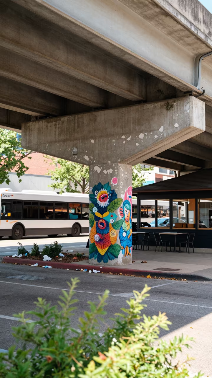 Peeling Murals Under Dallas Overpass in outside a corner cafe in Dallas
