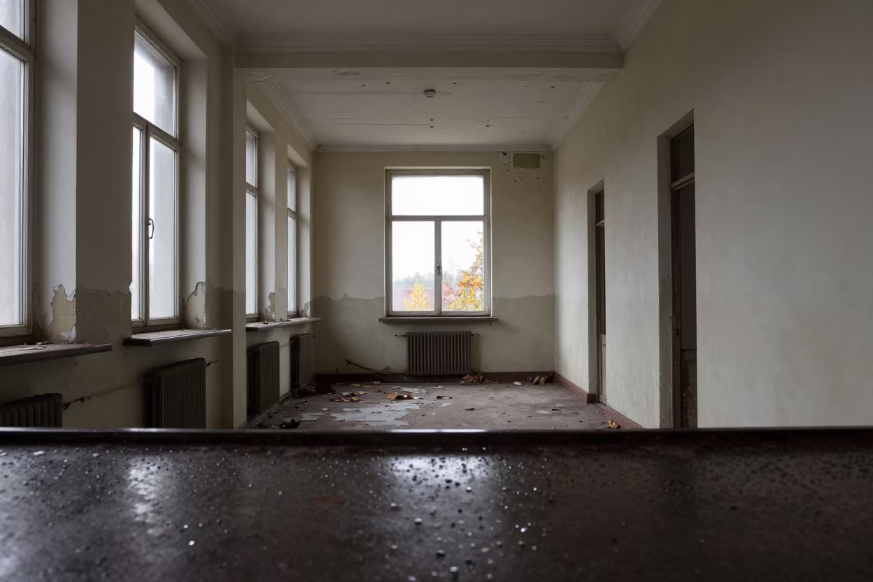 Peeling Paint in Abandoned Sanatorium Hall in across a rain-beaded metal surface near Bielsko-Biała