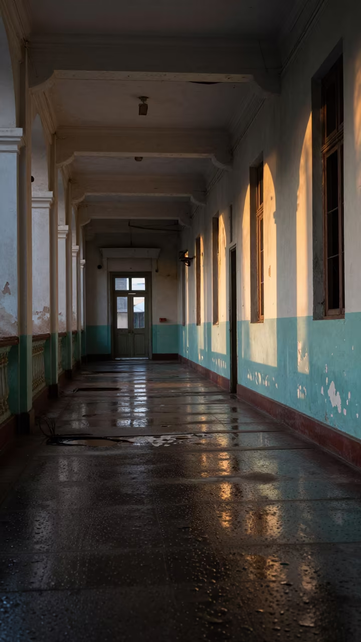 Peeling Paint Corridors Golden Hour George Town in across a rain-beaded metal surface near George Town