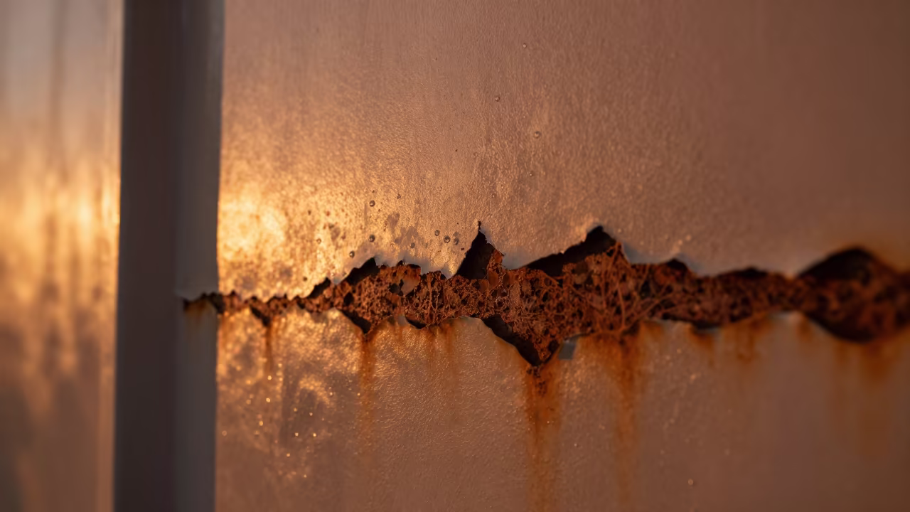 Peeling Paint Layers in Amber Sunset Light in across a rain-beaded metal surface in Acapulco de Juárez