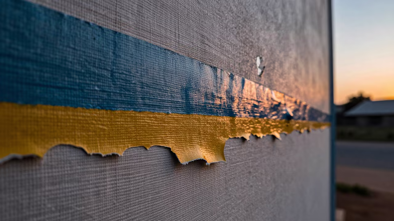 Peeling Paint Layers on Linen in Khartoum Evening in against woven linen fibers near Khartoum