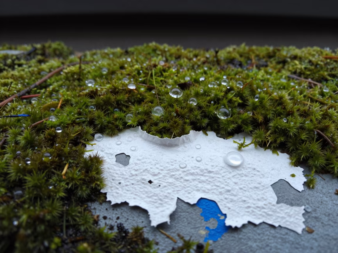 Peeling Paint Layers on Mossy Surface Bendigo in on dew-soaked moss in Bendigo