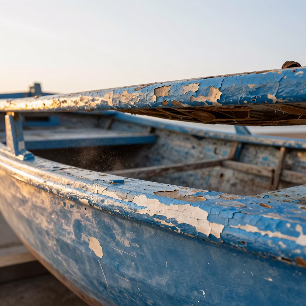 Peeling Paint Layers on Old Fishing Boat in Seed Pod in inside a seed pod split open near Nanchang
