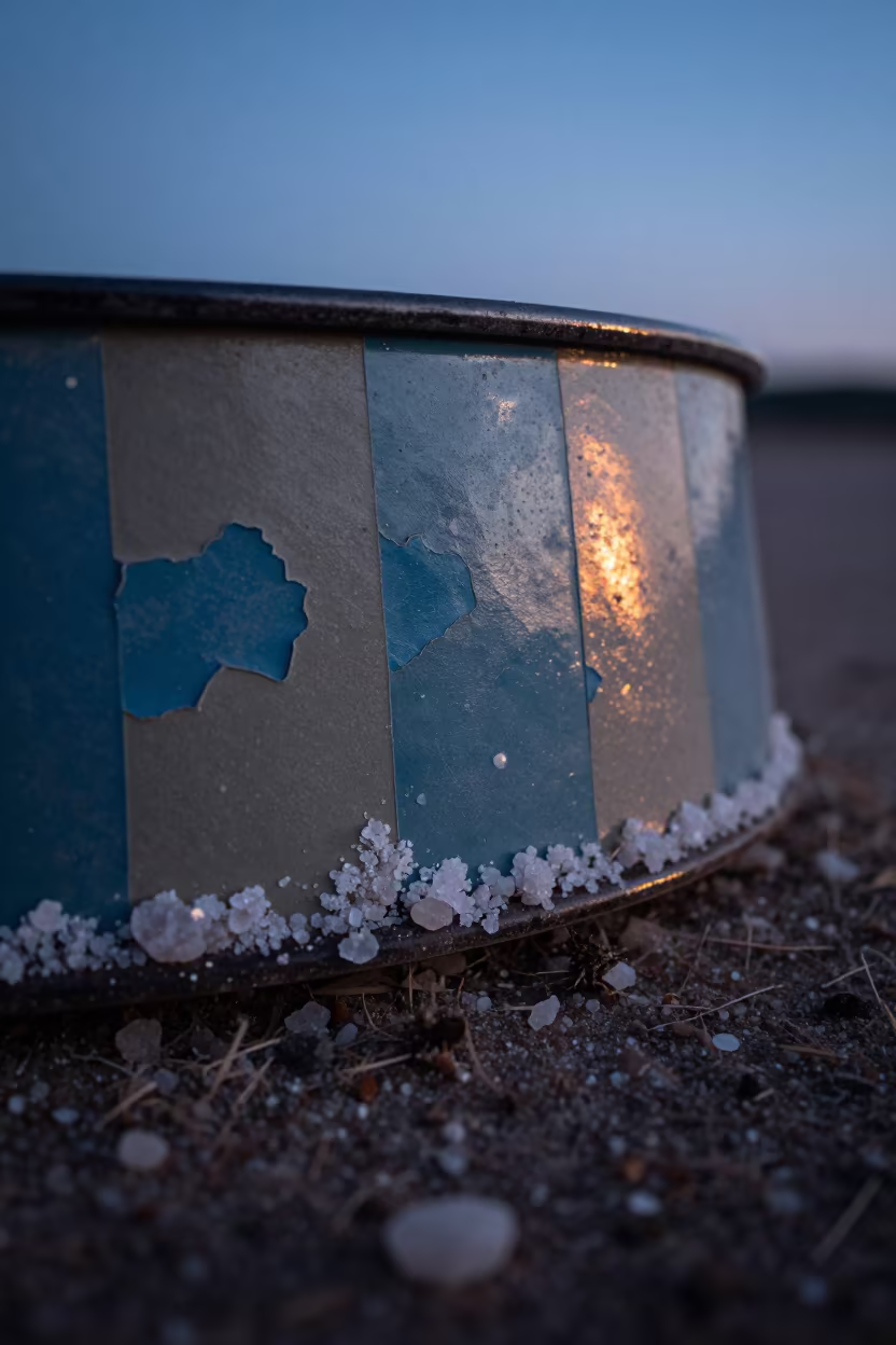 Peeling Paint Layers on Salt Crystals in Puebla in on salt crystals along a pan rim in Puebla