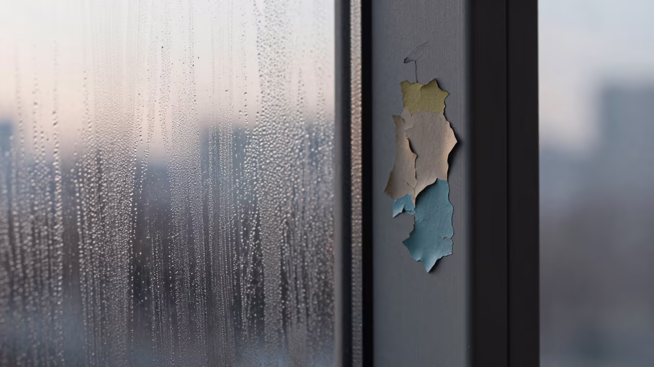 Peeling Paint Layers on Winter Metal Surface in across a rain-beaded metal surface near Changsha