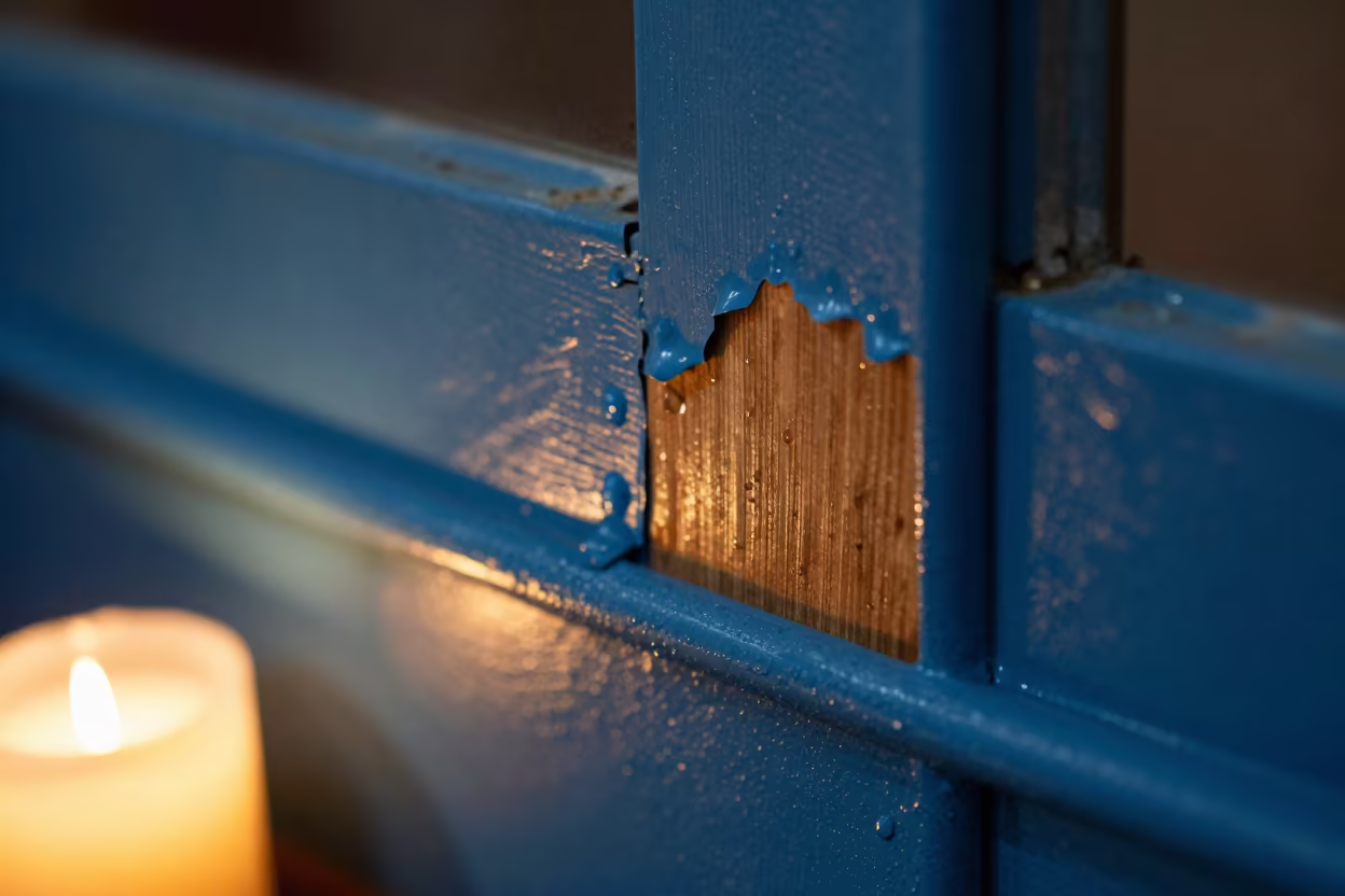 Peeling Paint Reveal on Nanjing Metal Surface in across a rain-beaded metal surface in Nanjing