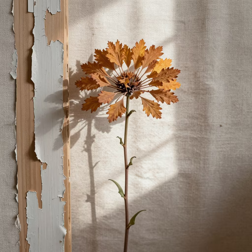 Peeling Paint Reveals Wood Grain With Giant Flower in against woven linen fibers in Damascus