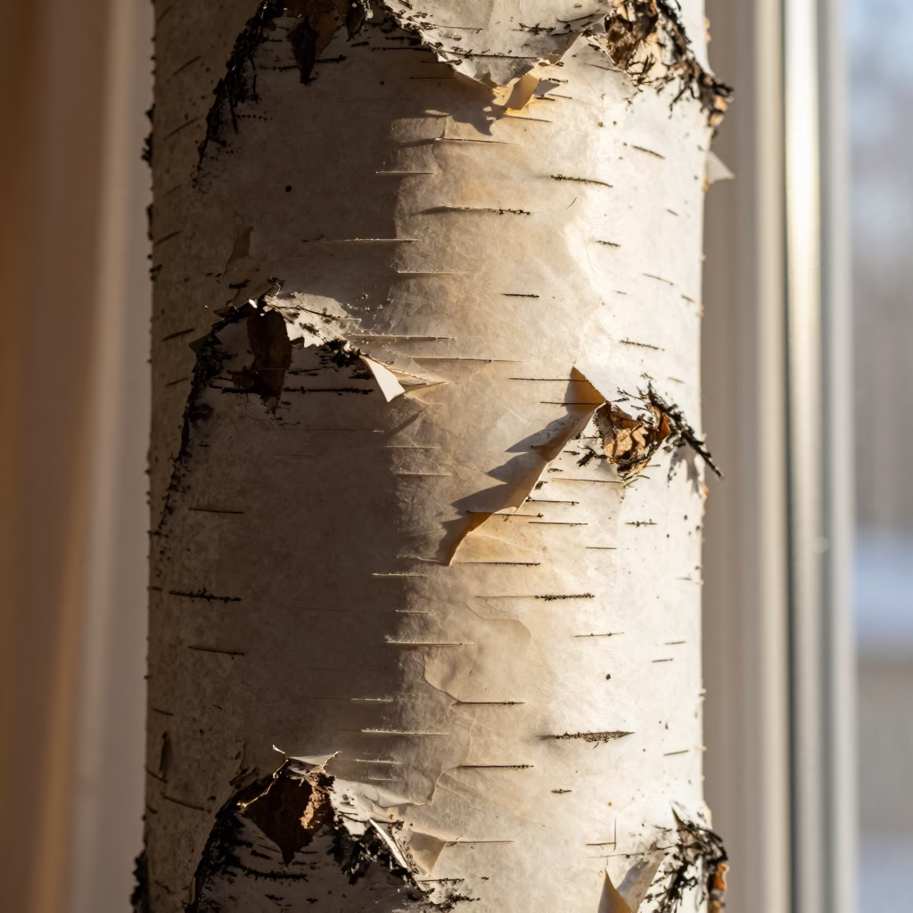 Peeling Paper Birch Bark in Late Autumn Light in along a frost-edged windowpane in Kagoshima