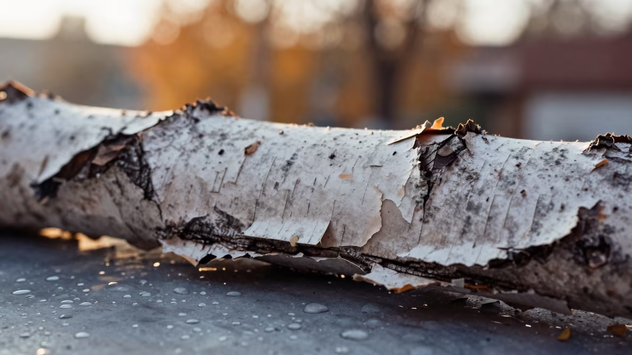 Peeling Paper Birch Bark Layers on Metal in across a rain-beaded metal surface in Sulaymaniyah