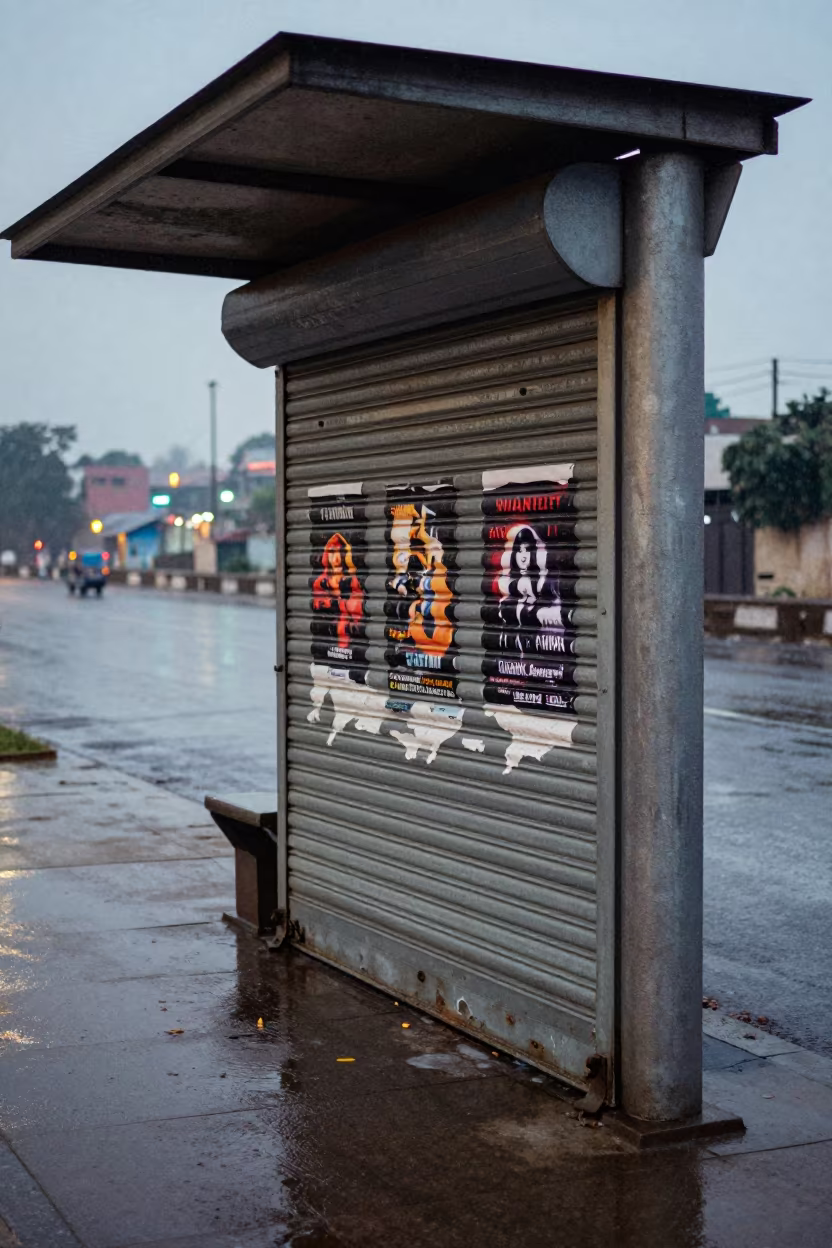 Peeling Posters on Multan Tram Stop Roller Door in at a tram stop in Multan