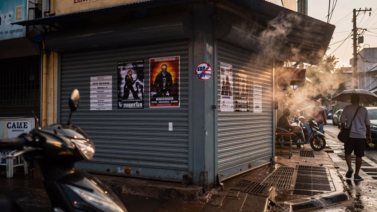 Peeling Posters on Shuttered Roller Door in outside a corner cafe in Coimbatore