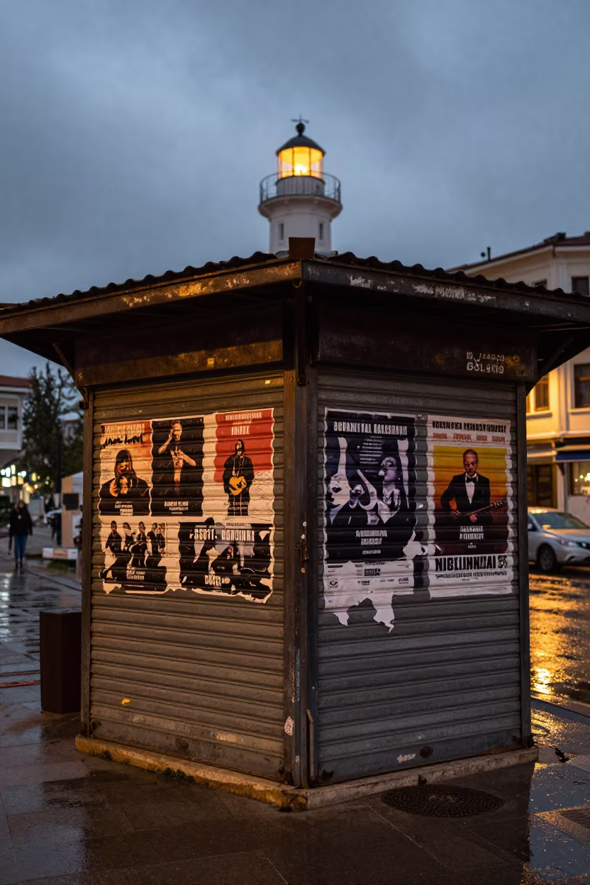 Peeling Posters on Shuttered Roller Door in by a rain-darkened kiosk in Gölcük