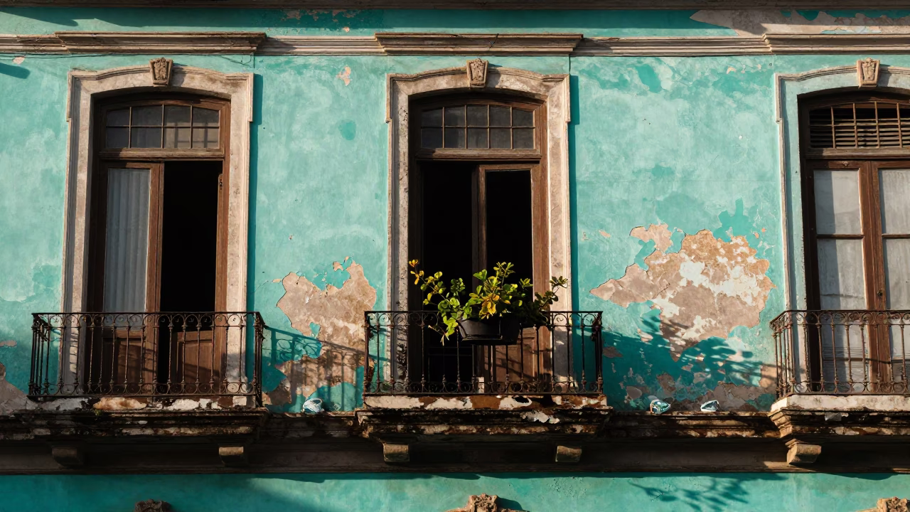 Peeling Turquoise Colonial Facade and Window Box in Havana Cuba Late Afternoon in in Havana, Cuba