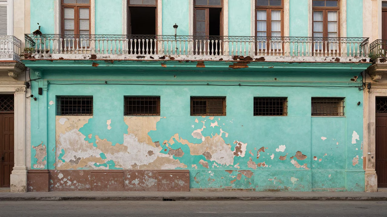 Peeling turquoise colonial facade in late morning Havana Cuba street scene in in Havana, Cuba
