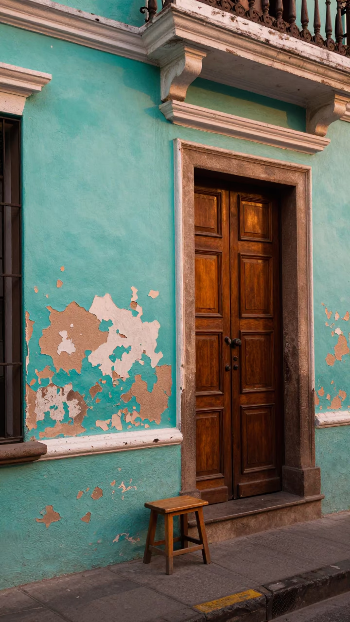Peeling Turquoise Paint and Hammered Metal in Lima Peru Evening Street Scene in in Lima, Peru