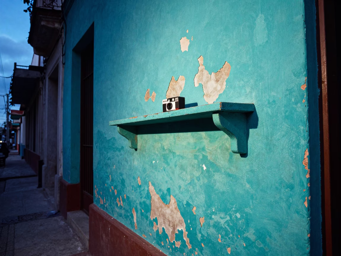 Peeling Turquoise Paint and Wall Shelf in Evening Havana Cuba Street Scene in in Havana, Cuba