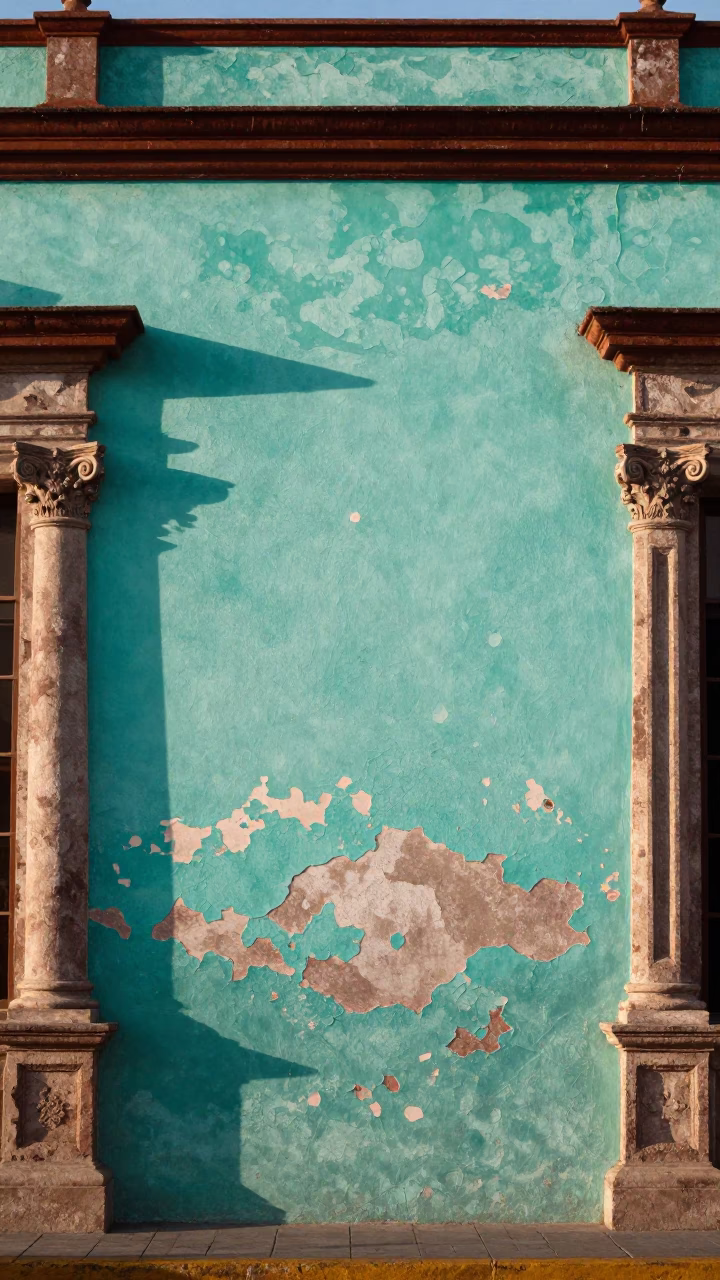 Peeling turquoise paint on colonial facade in Mexico City just after sunrise in in Mexico City, Mexico