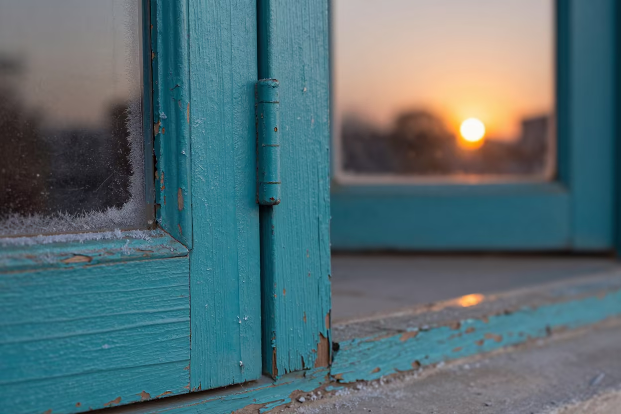 Peeling Turquoise Paint on Weathered Wood at Sunset in along a frost-edged windowpane in Amritsar