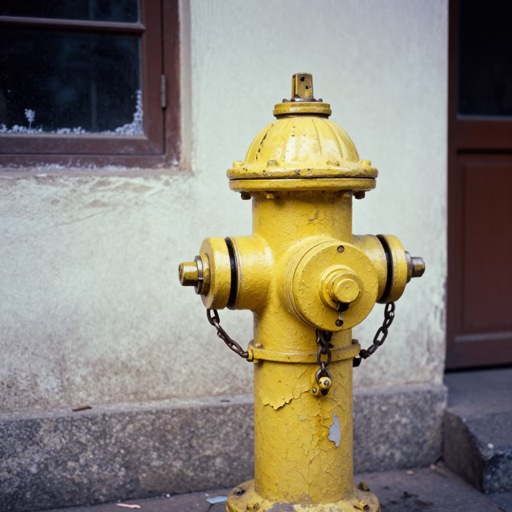 Peeling Yellow Hydrant Detail on Cracked Sidewalk in along a frost-edged windowpane in Dadar, Mumbai