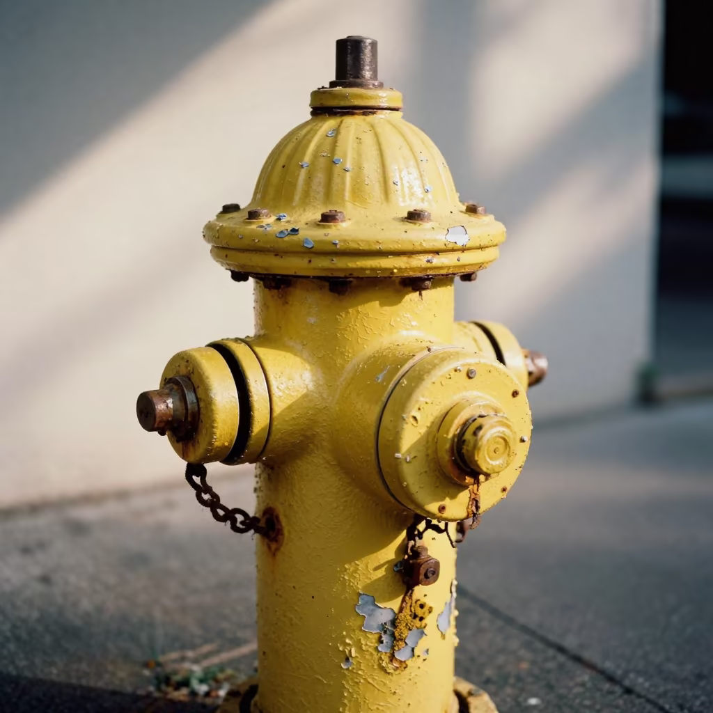 Peeling Yellow Hydrant on Lichen Bark Sidewalk in on lichen-covered bark near Ajloun
