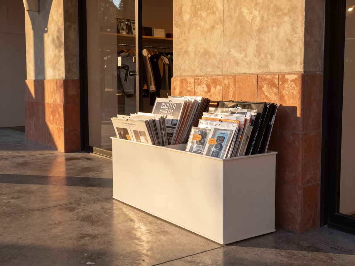 Peg Hooks in Golden Bin Before Store Opens in inside a storefront display zone near Puebla