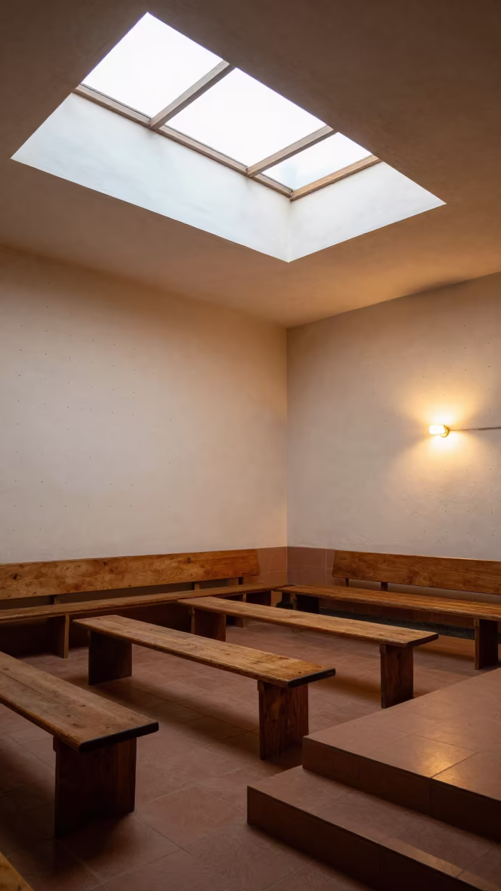 Pegged Walls and Bare Benches in Mombasa Hall in inside a tiled stair hall near Mombasa