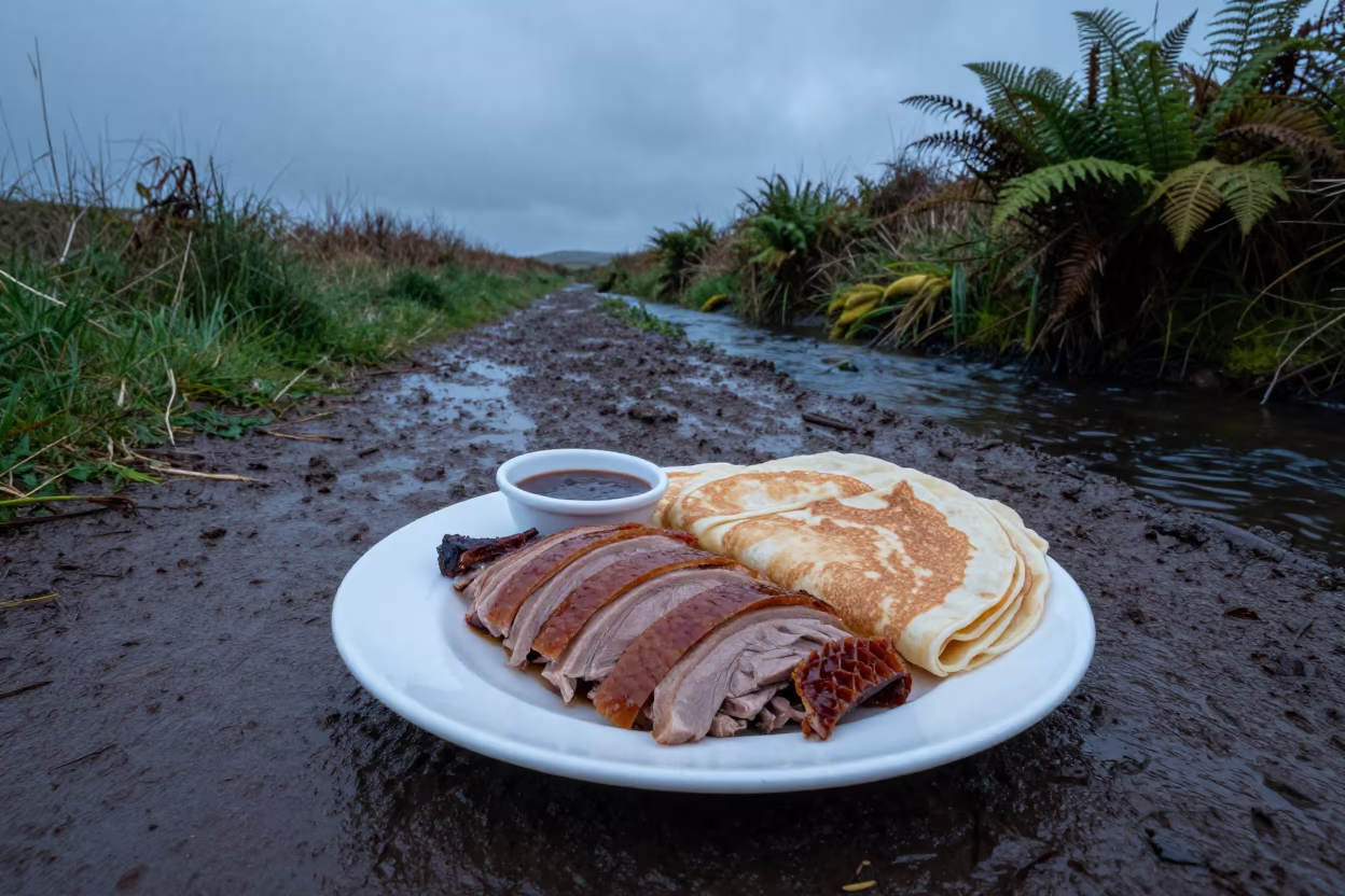 Peking Duck Plate on Irish Trail in Blue Light in along a game trail in Ireland