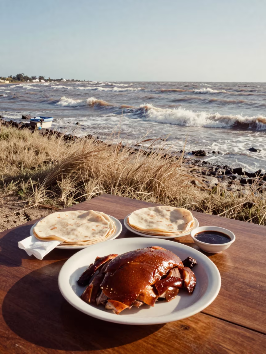Peking Duck Plate by Tidal Inlet in Late Afternoon in beside a tidal inlet near Villahermosa
