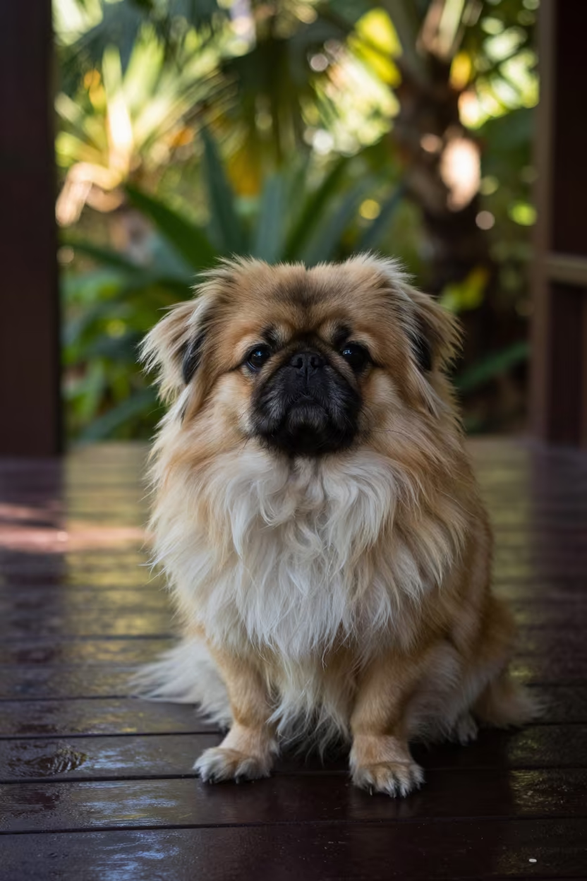 Pekingese Dog on Shaded Porch in Playa del Carmen in near a garden edge with soft morning light and an uncluttered background near Playa del Carmen