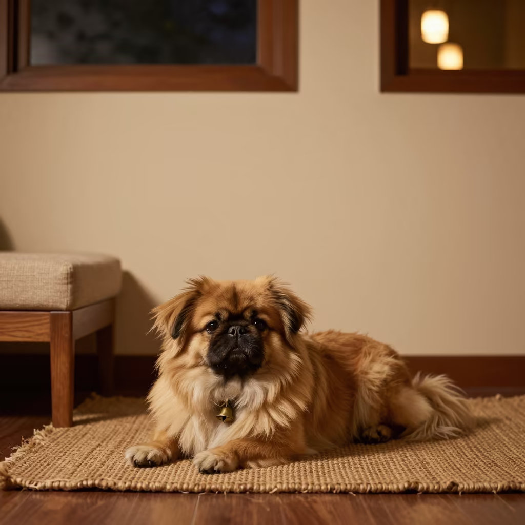 Pekingese Dog Resting on Rug in Gujrat Home in on a woven rug beside a low couch and an uncluttered wall near Gujrat