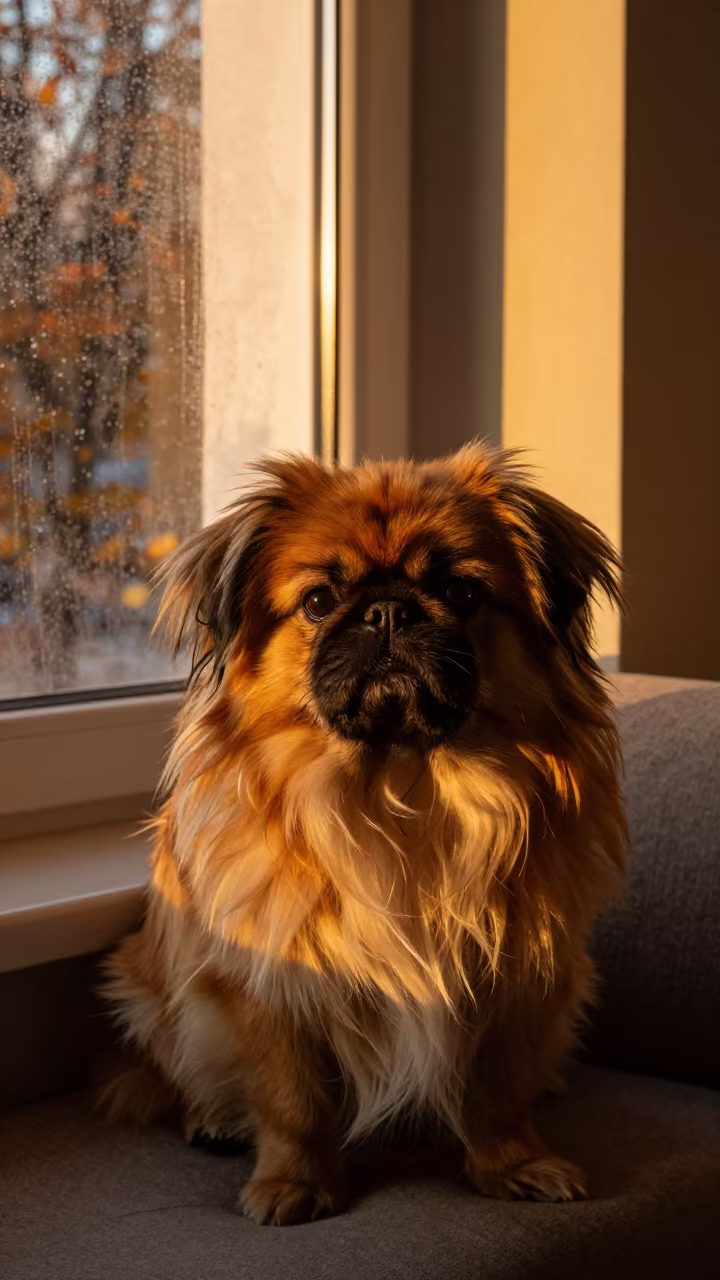 Pekingese Portrait in Amber Sunset Light in on a sofa near a curtained window with calm indoor light near Novosibirsk