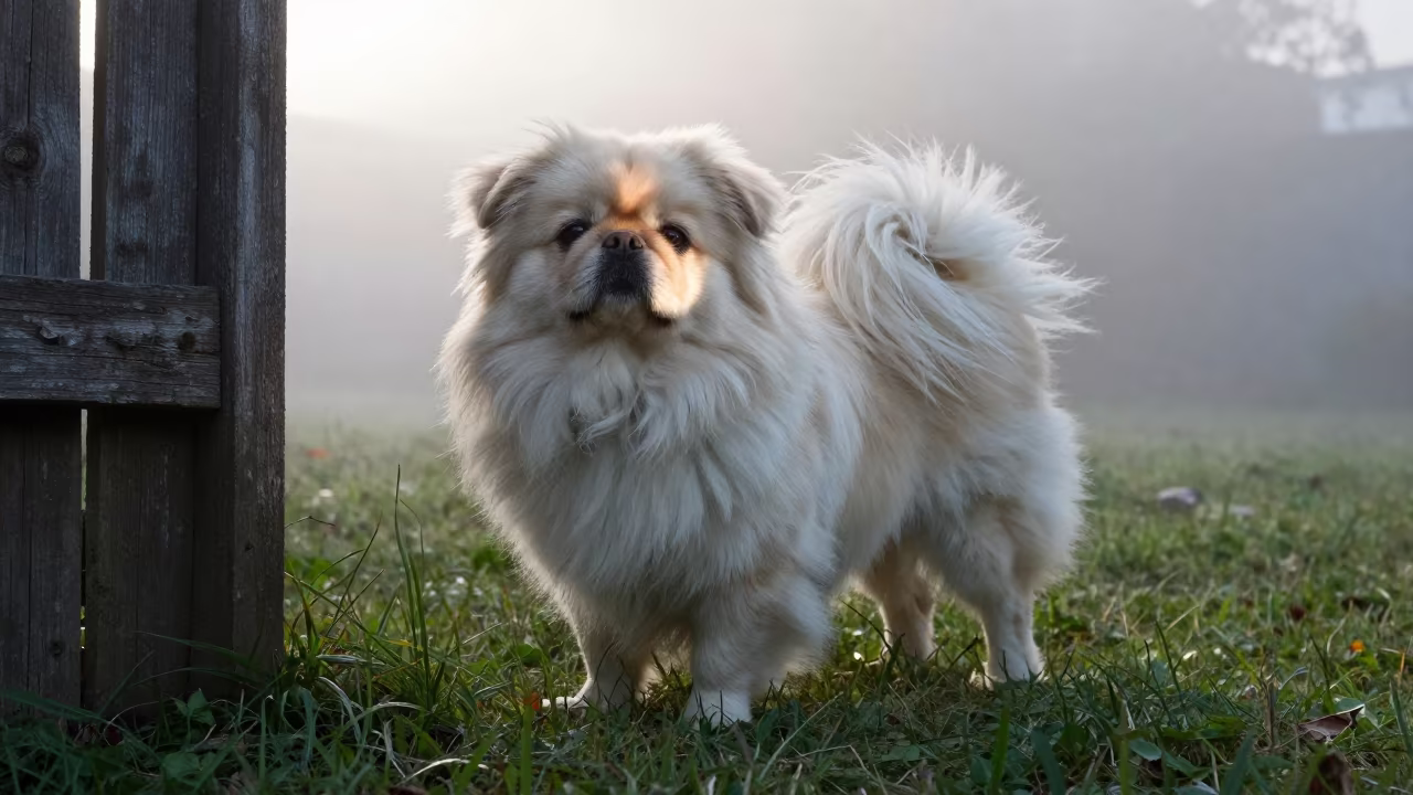 Pekingese Portrait Morning Light Garden Edge Körfez in near a garden edge with soft morning light and an uncluttered background in Körfez