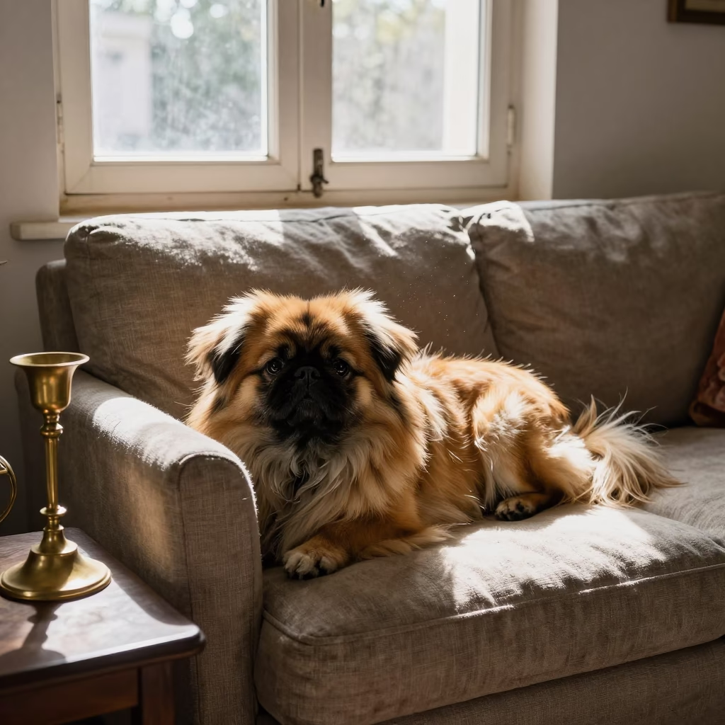 Pekingese Resting on Linen Sofa in Jaunpur in on a linen sofa with daylight from a nearby window in Jaunpur