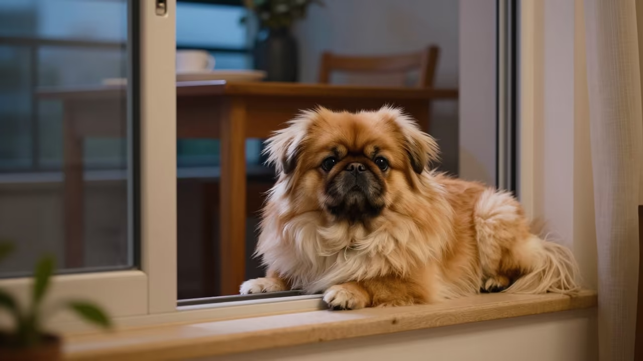 Pekingese with Defining Coat on Taipei Window Seat in on a window seat in a quiet apartment with soft side light in Taipei