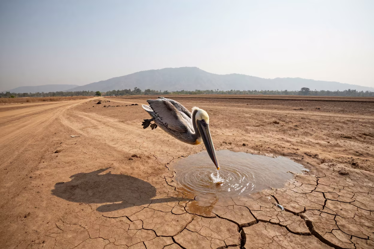 Pelican Dives Into Fish School Dry Season in along a game trail in Tamil Nadu
