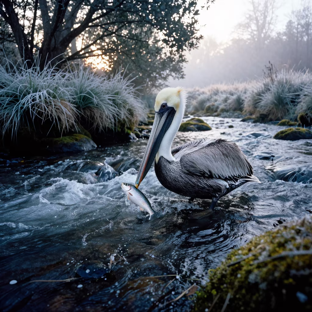 Pelican Scooping Fish in Glacial Stream in above a glacial stream near Salvador