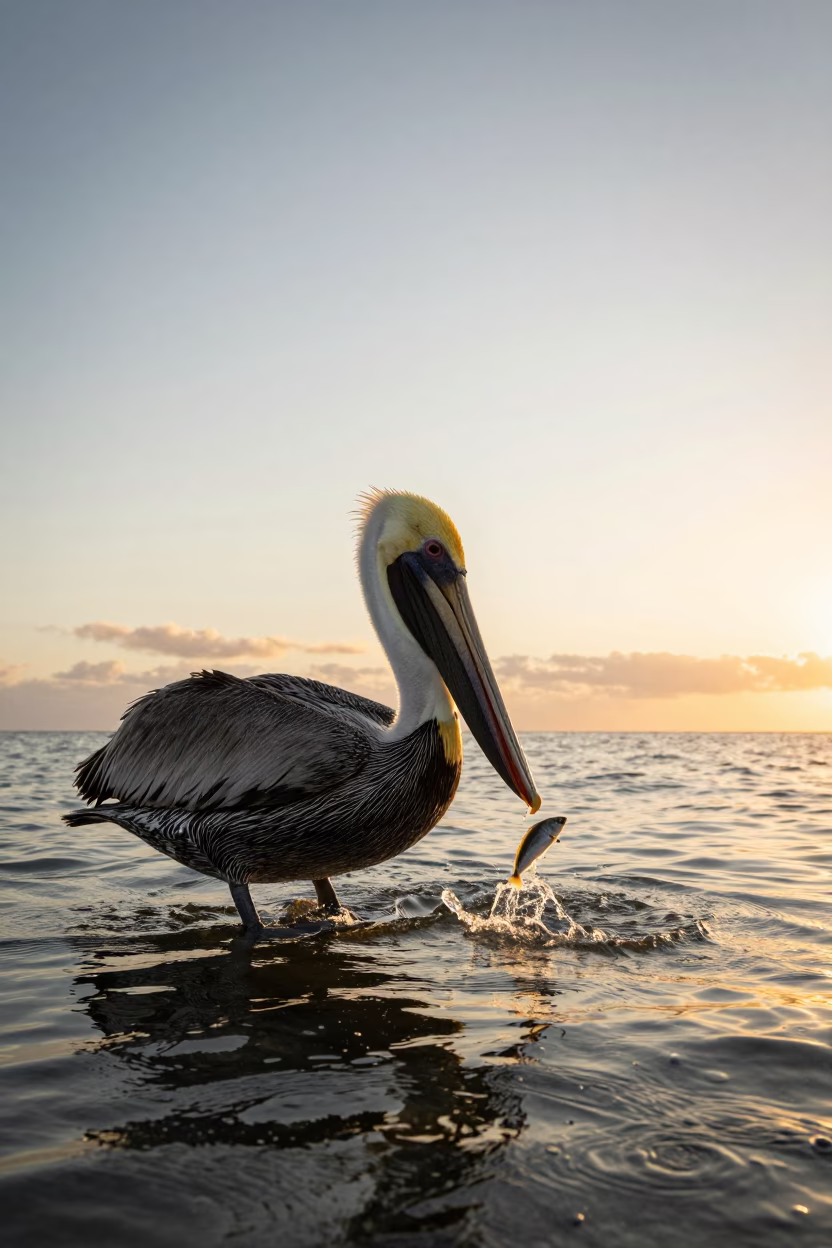 Pelican Scooping Fish at Madagascar Golden Hour in in Madagascar