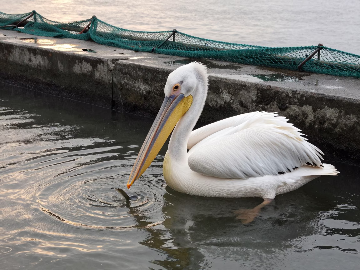 Pelican Scoops Fish in Manila Dawn Light in near Binondo, Manila