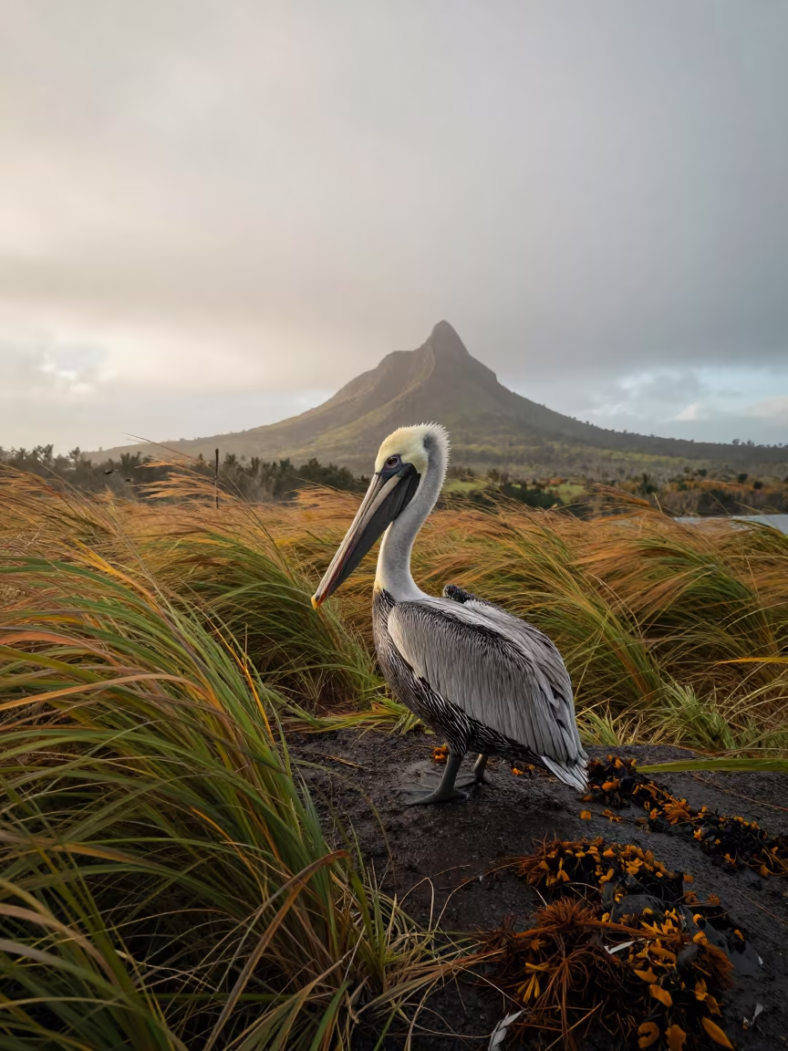 Pelican on Wind-Scoured Ridge Mauritius After Rain in on a wind-scoured ridge in Mauritius