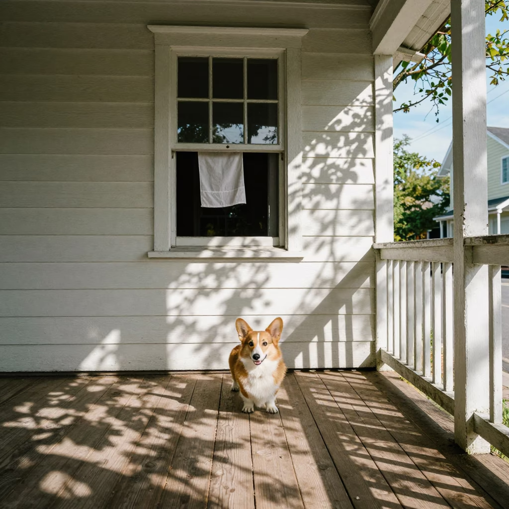 Pembroke Welsh Corgi on Shaded Kozan Porch in on a shaded front porch with boards, railings, and eye-level framing in Kozan