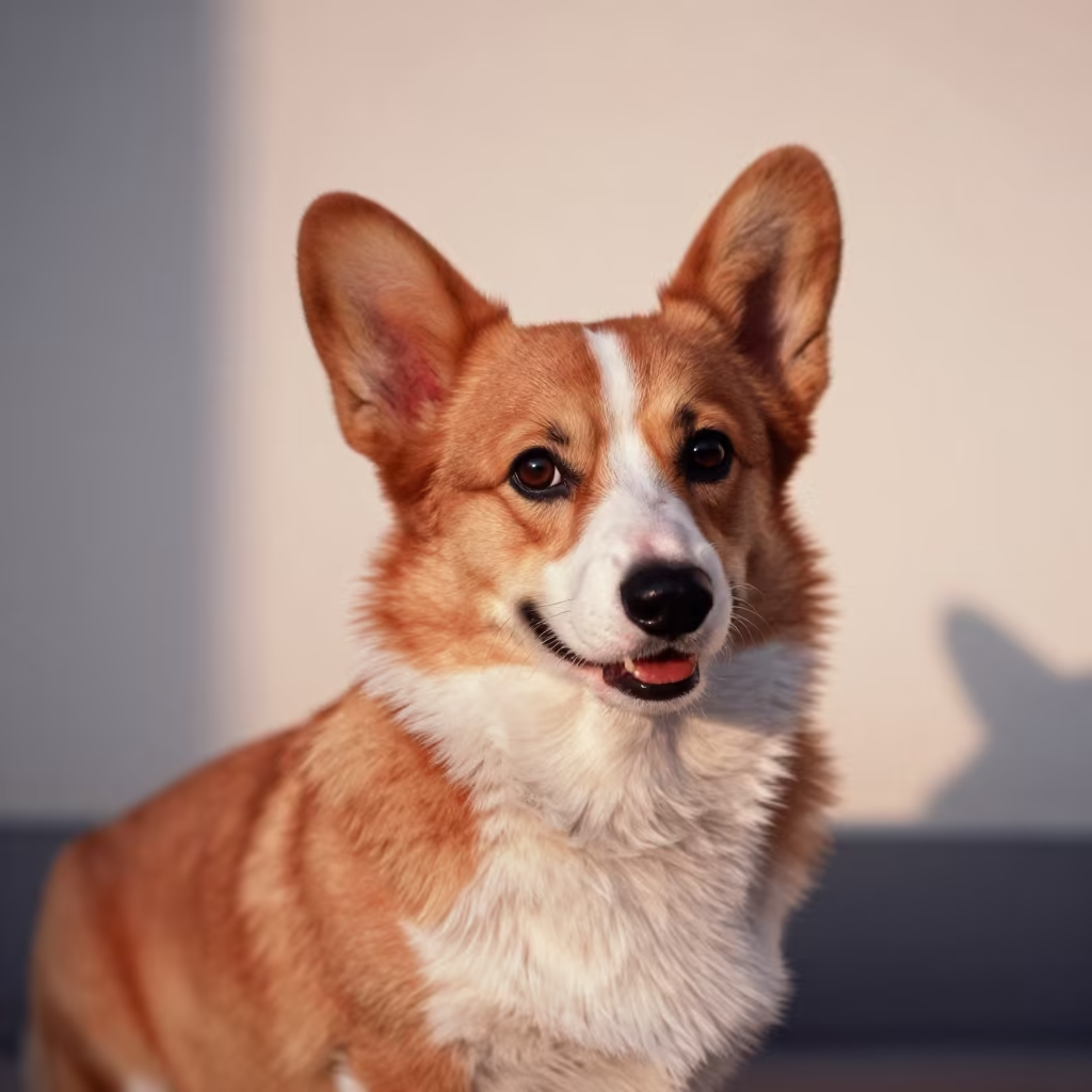 Pembroke Welsh Corgi Portrait in Dubai Dawn Light in beside a plain plaster wall in soft indoor light with the animal centered in frame near Bur Dubai, Dubai