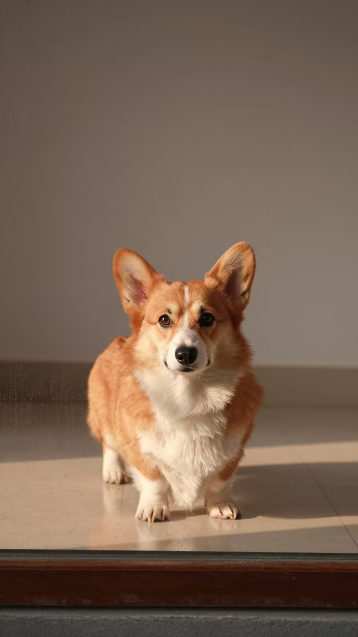 Pembroke Welsh Corgi Portrait in Gurgaon Studio in in a quiet portrait studio with a plain backdrop and eye-level framing in Gurgaon