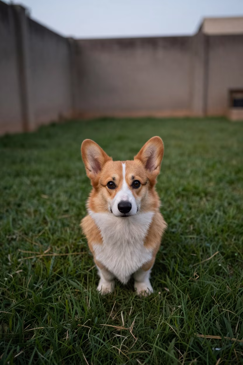 Pembroke Welsh Corgi Portrait in Lagos Yard in in a small yard with clipped grass, calm light, and the animal centered in frame in Oshodi, Lagos