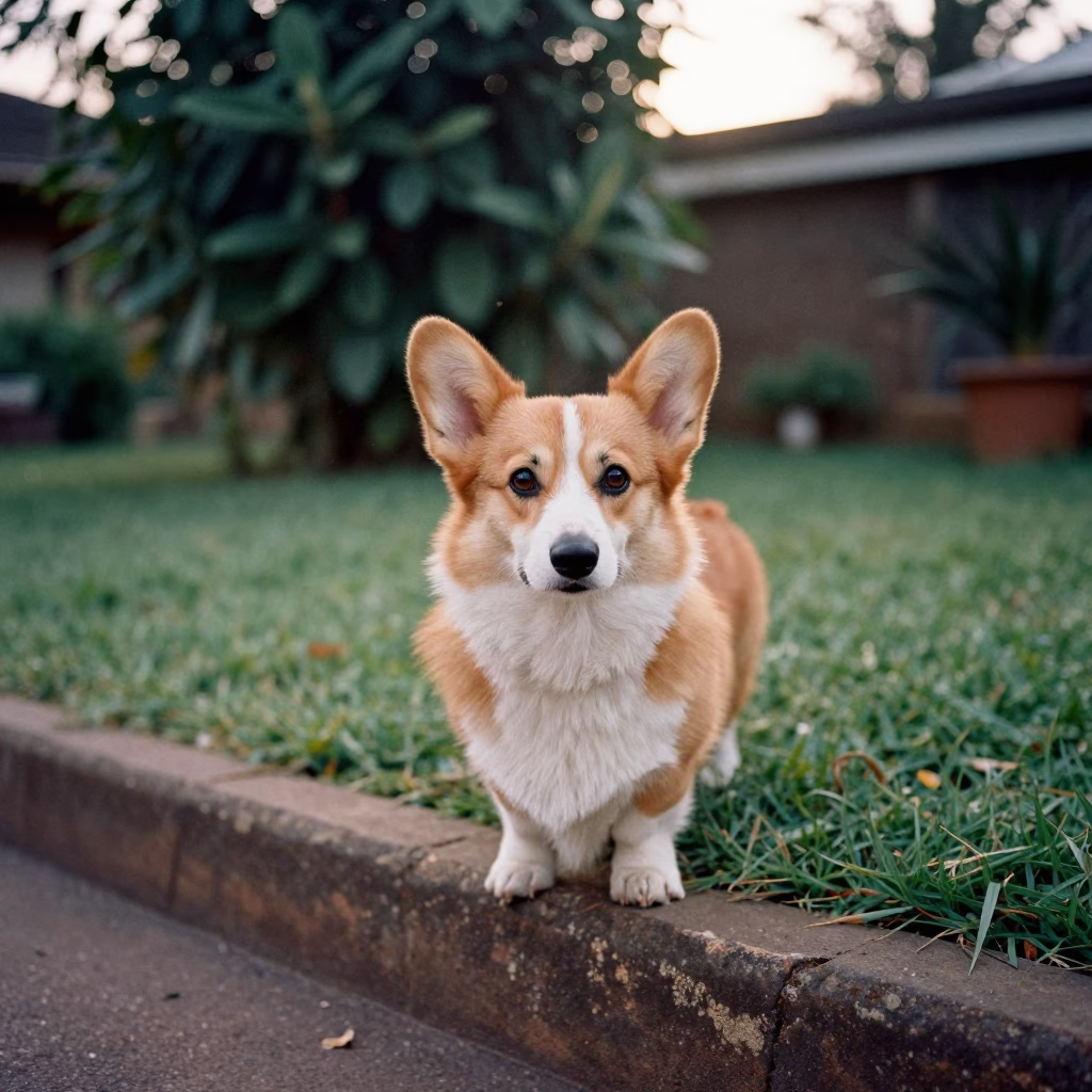Pembroke Welsh Corgi Portrait in Nairobi Morning Light in near a garden edge with soft morning light and an uncluttered background in Nairobi
