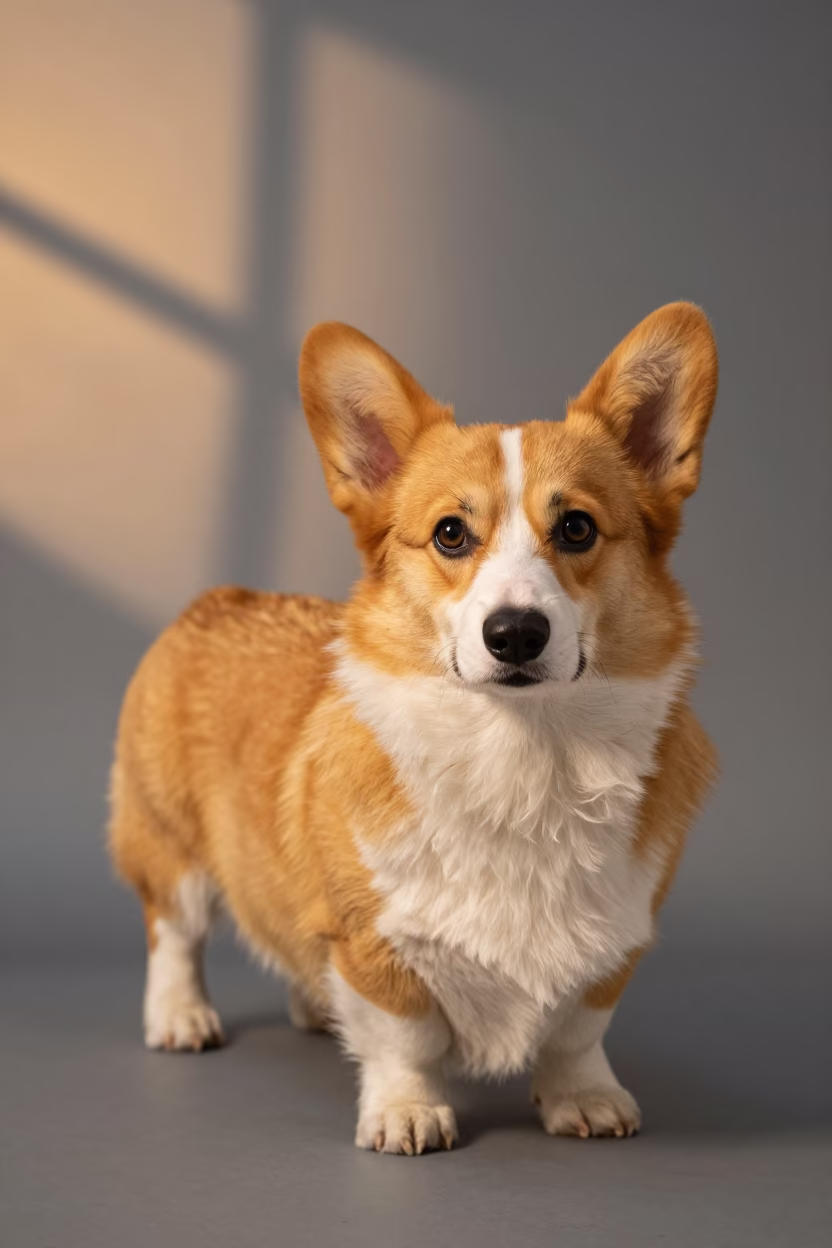 Pembroke Welsh Corgi Portrait in Soft Studio Light in in a quiet portrait studio with a plain backdrop and eye-level framing near Southend-on-Sea