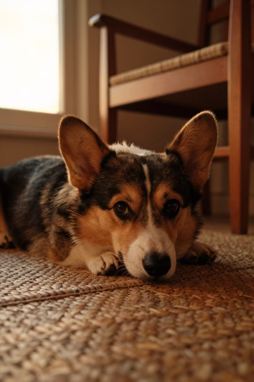 Pembroke Welsh Corgi Resting on Bedspread Near Window in on a bedspread near a bright window with calm indoor light near Maracaibo