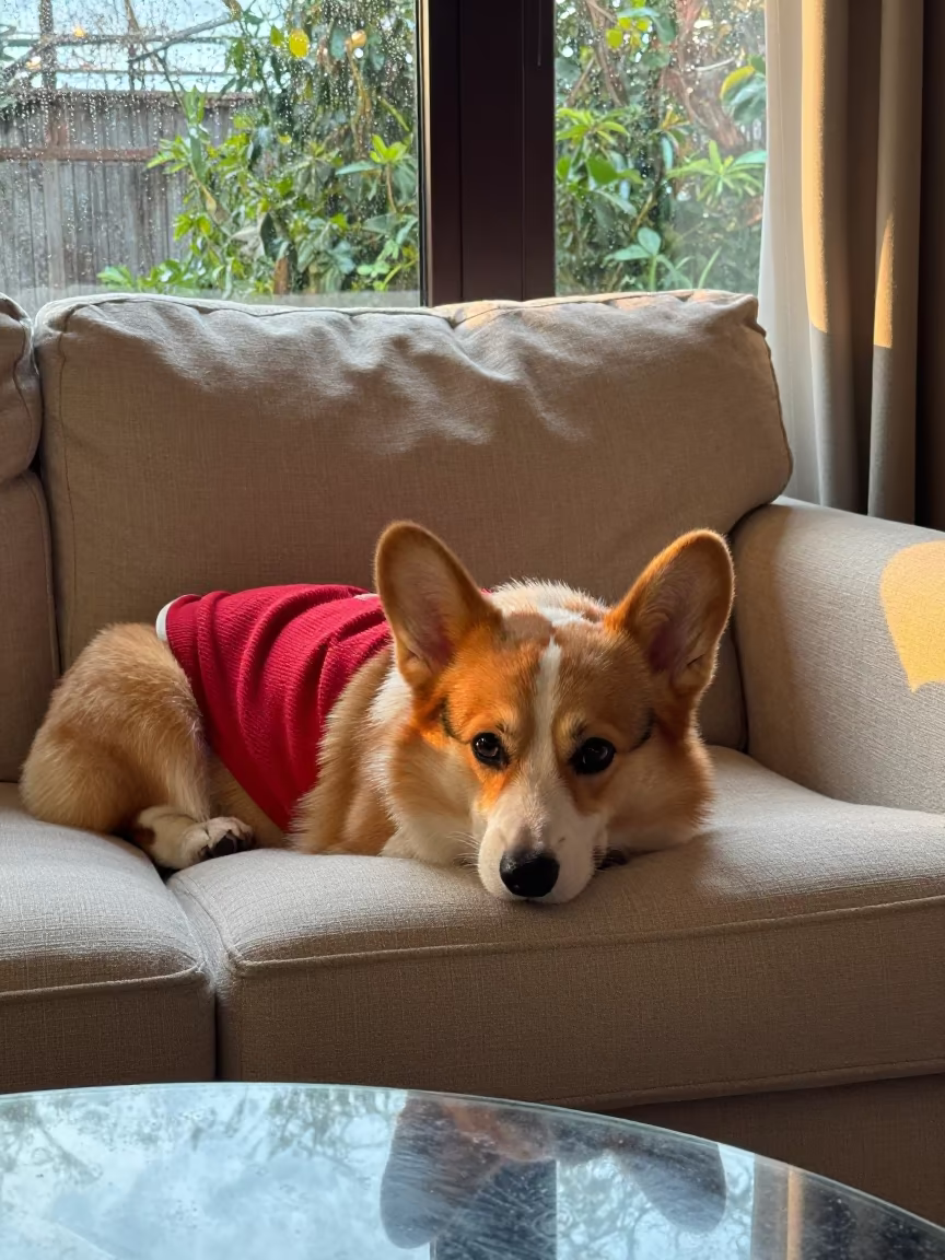 Pembroke Welsh Corgi Resting on Linen Sofa in on a linen sofa with daylight from a nearby window near Dire Dawa
