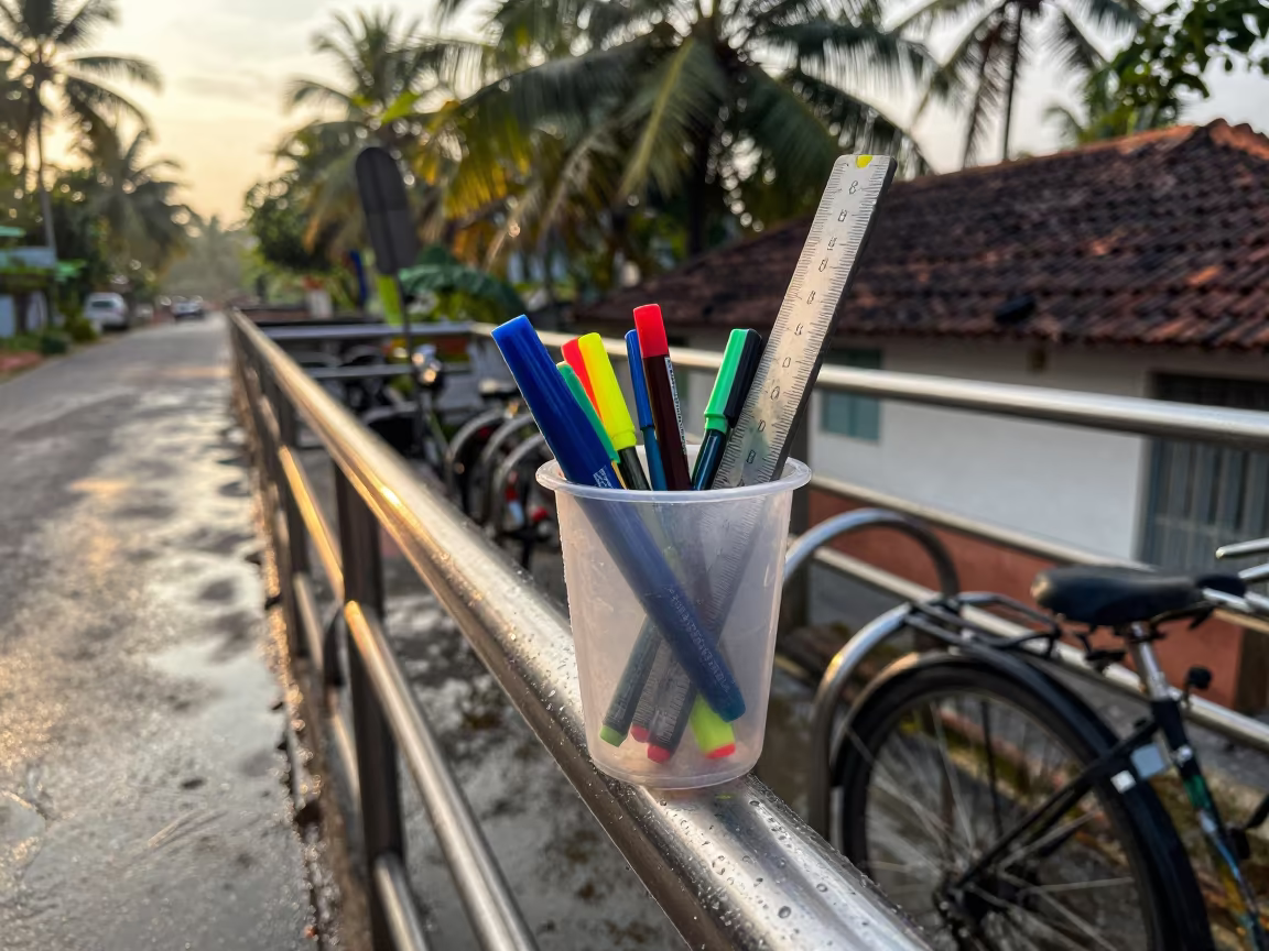 Pencil Cup with Highlighters at Dawn in beside campus bike racks at dawn in Varkala